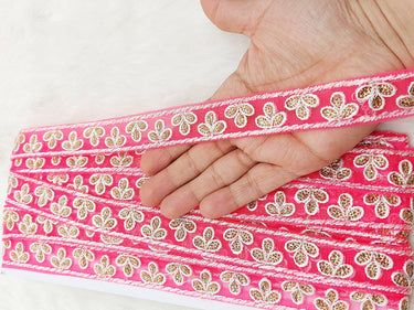 Wholesale Cerise Pink Net Lace Floral Embroidery & Glitter Gold Sequins, Indian Wedding Border, Gifting Ribbon Costume Trim Fashion Trimming